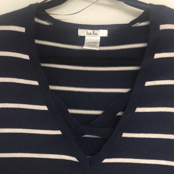 Isela Navy with Tan Stripes Lightweight Knit Sweater Size XXL Like New - Picture 2 of 5